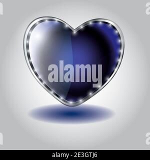 Blue heart shaped glass button on valentine`s day. Raster version. Stock Photo